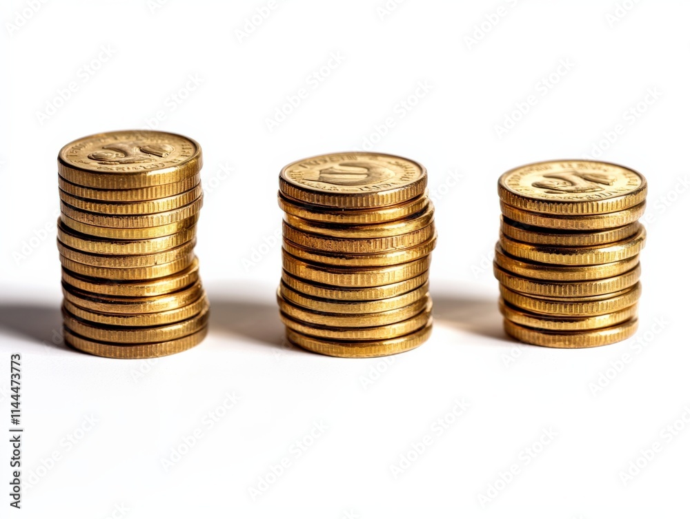 three stacks of gold coins on a white background three stacks of gold coins on a white background