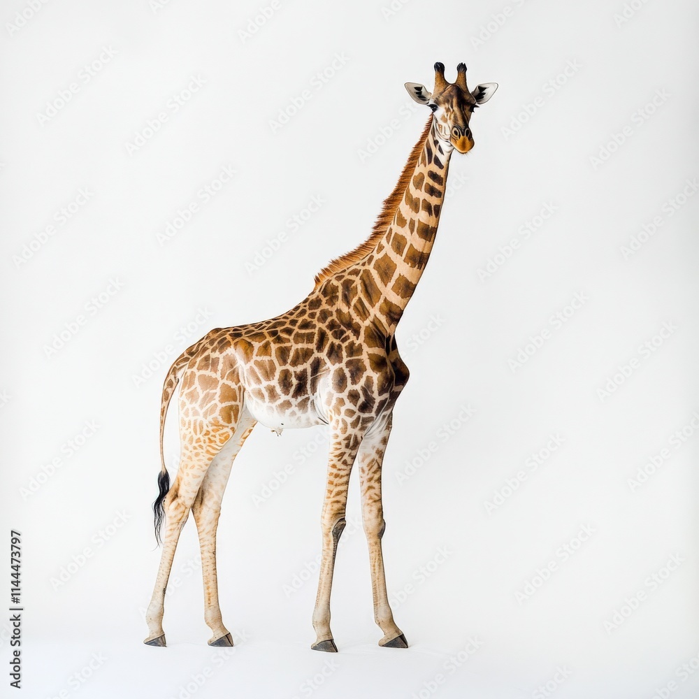 Naklejka premium A giraffe standing against a white background