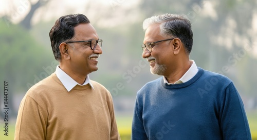 Two mature asian men engaging outdoors in conversation and friendship