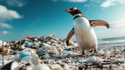 A penguin stands on a beach covered with ocean plastic debris, raising awareness of environmental issues and the dire effects on wildlife in natural habitats. photo