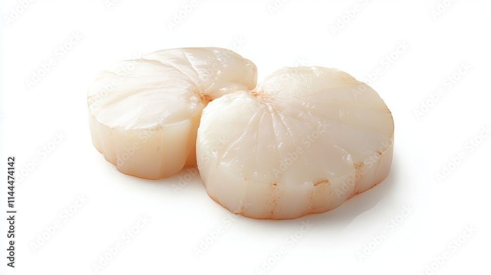 Scallops: A pair of fresh, raw scallops with smooth, creamy meat and a slightly pinkish hue, isolated on a clean white background. Scallops: A pair of fresh, raw scallops with smooth, creamy meat and a slightly pinkish hue, isolated on a clean white background.