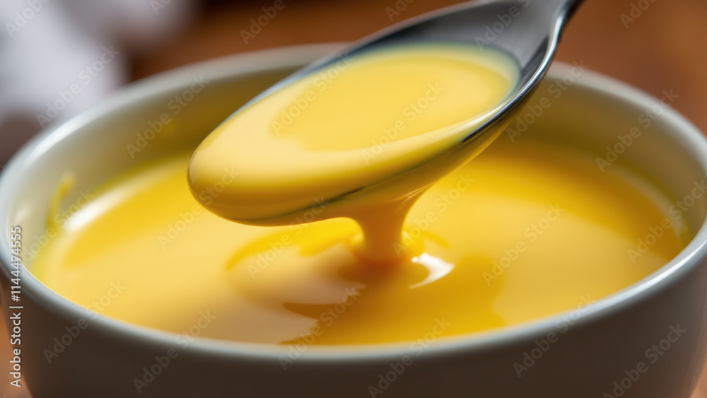 Creamy yellow substance on spoon over white bowl. Creamy yellow substance on spoon over white bowl.