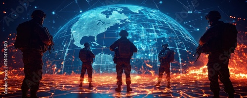 A group of silhouetted soldiers stands before a glowing, digital globe, symbolizing global connectivity and military technology.
