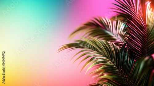 The lively display features palm leaves against a dynamic, colorful gradient. It's an invigorating mix of brightness and tropical elegance, full of modern appeal.