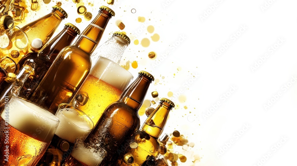 Sparkling Bottles of Beer with Bubbles and Golden Confetti on a Bright Background Celebrating Festive Events and Enjoyable Gatherings Sparkling Bottles of Beer with Bubbles and Golden Confetti on a Bright Background Celebrating Festive Events and Enjoyable Gatherings