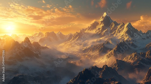 A panoramic view of alpine peaks at sunset, with the sun's golden rays spilling over the horizon and casting long shadows across the rolling hills below 