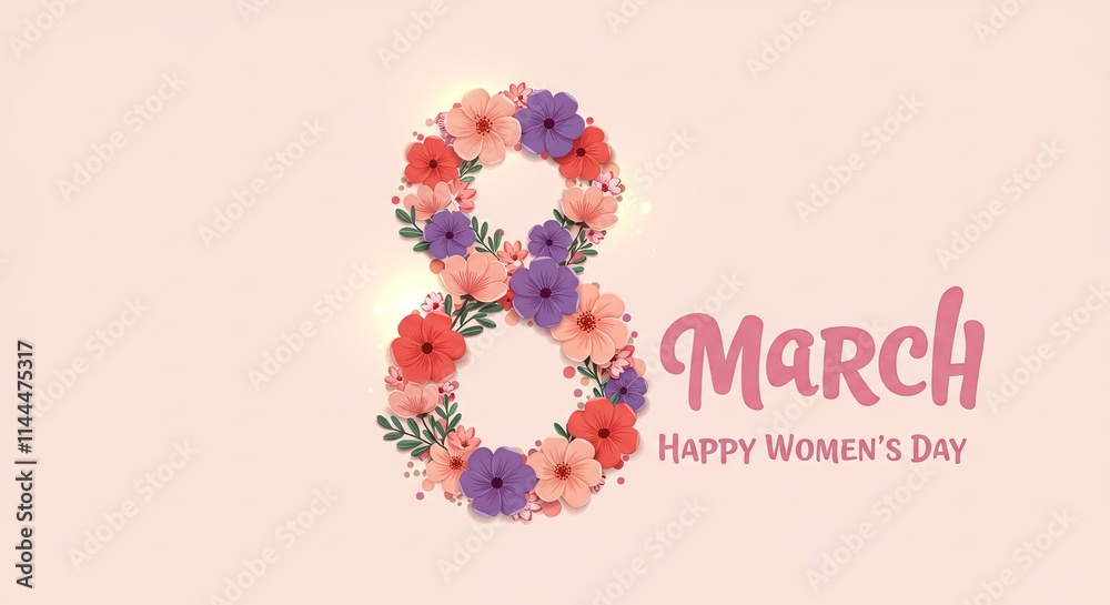 Number eight, March and happy Women's Day with flower design for spring celebration, holiday card or feminine event. Floral, decoration and international with poster, greeting and love Number eight, March and happy Women's Day with flower design for spring celebration, holiday card or feminine event. Floral, decoration and international with poster, greeting and love