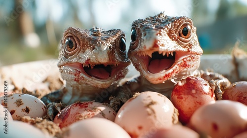 Pair of joyful, animated lizard hatchlings on loose soil, surrounded by egg shells, conveying a sense of wonder and new beginnings in nature’s cradle of life.