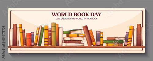 Vector illustration of bookshelf. Banner background with standing books composition isolated on white background. Book lover, bookstore, library concept. World book day.