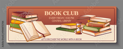 Horizontal banner. Vector illustration of stack of books, open book isolated on white. Book lover, bookstore, library concept. Book club.