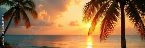 Palm fronds sway in the gentle breeze as sunset light fades out, breeze, natural photo