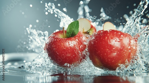 Two vivid red apples with water droplets create a dynamic splash effect, emphasizing freshness and vibrancy, captured in mid-air splash against a dark backdrop. photo