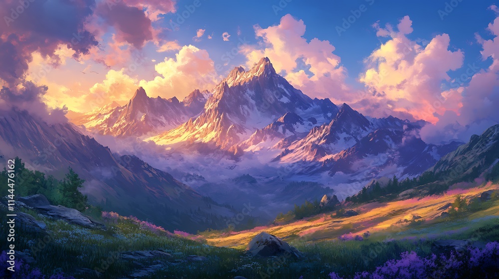 A tranquil alpine mountain range at sunset, the sky transitioning from blue to golden and purple, with the last light of day illuminating the rugged terrain A tranquil alpine mountain range at sunset, the sky transitioning from blue to golden and purple, with the last light of day illuminating the rugged terrain