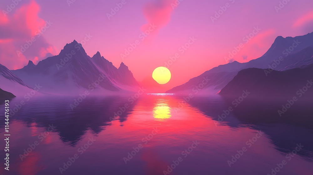 A tranquil sunset scene in the alpine mountains, with the sun sinking behind the peaks and the sky gradually changing color, reflecting on the pristine, calm waters below A tranquil sunset scene in the alpine mountains, with the sun sinking behind the peaks and the sky gradually changing color, reflecting on the pristine, calm waters below