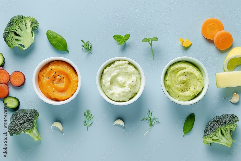 Vegetable cream cheese dip in bowls with fresh ingredients for healthy snack Vegetable cream cheese dip in bowls with fresh ingredients for healthy snack