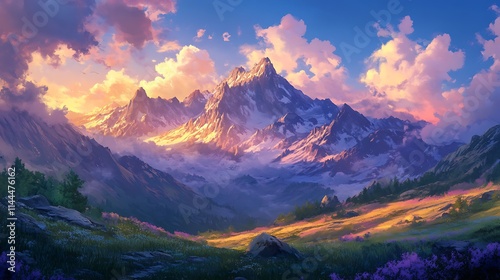 A tranquil alpine mountain range at sunset, the sky transitioning from blue to golden and purple, with the last light of day illuminating the rugged terrain 