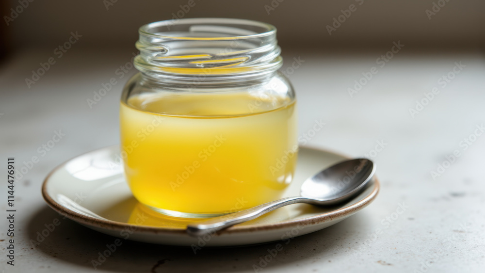 A jar of golden yellow beef tallow on a small plate with a spoon for serving.