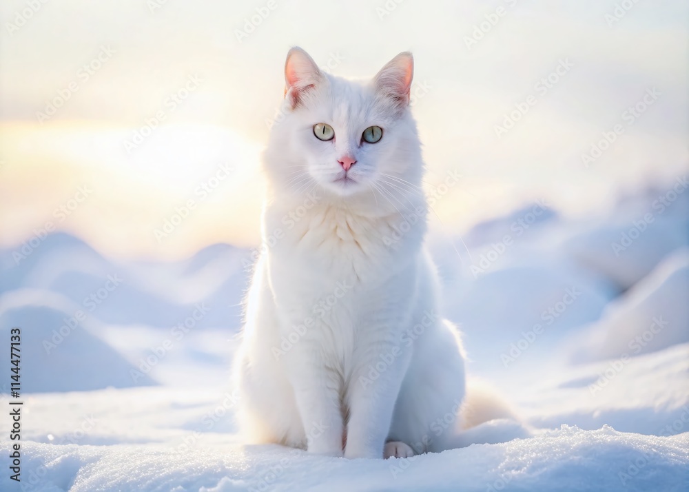 White Cat in Snow Minimalist Photography - Winter Pet Portrait White Cat in Snow Minimalist Photography - Winter Pet Portrait