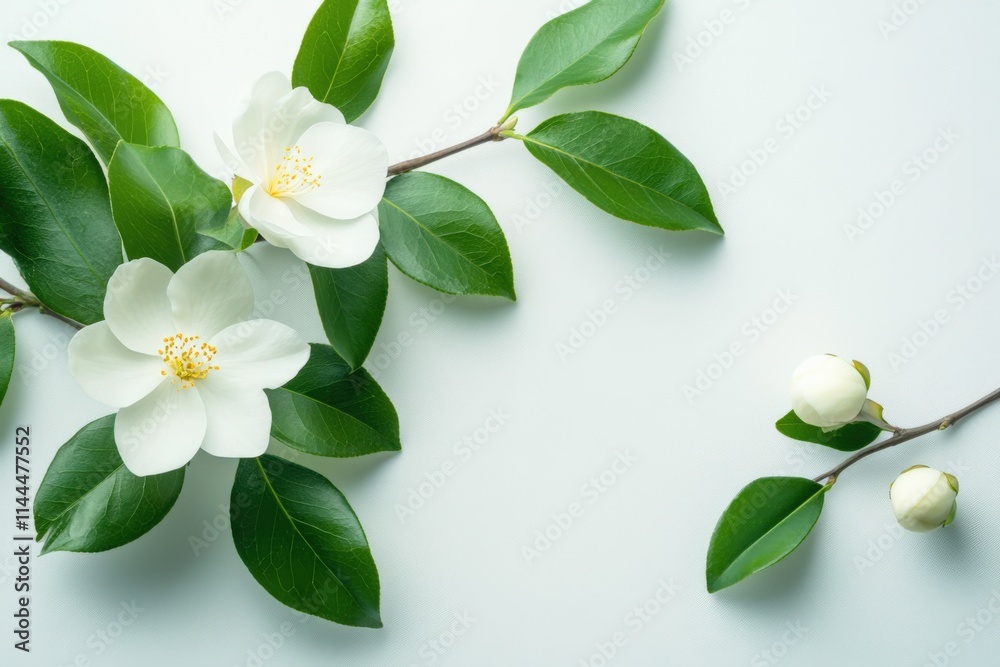 Obraz premium white flowers and green leaves on a white background