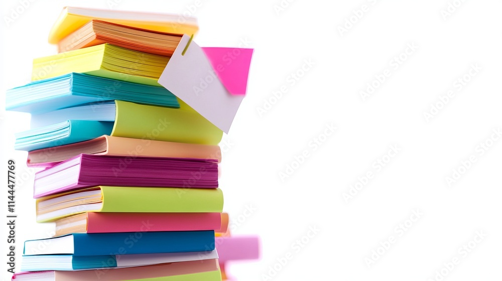 Sticky Notes: A stack of colorful sticky notes, with one note slightly lifted from the stack, isolated on a white background. Sticky Notes: A stack of colorful sticky notes, with one note slightly lifted from the stack, isolated on a white background.
