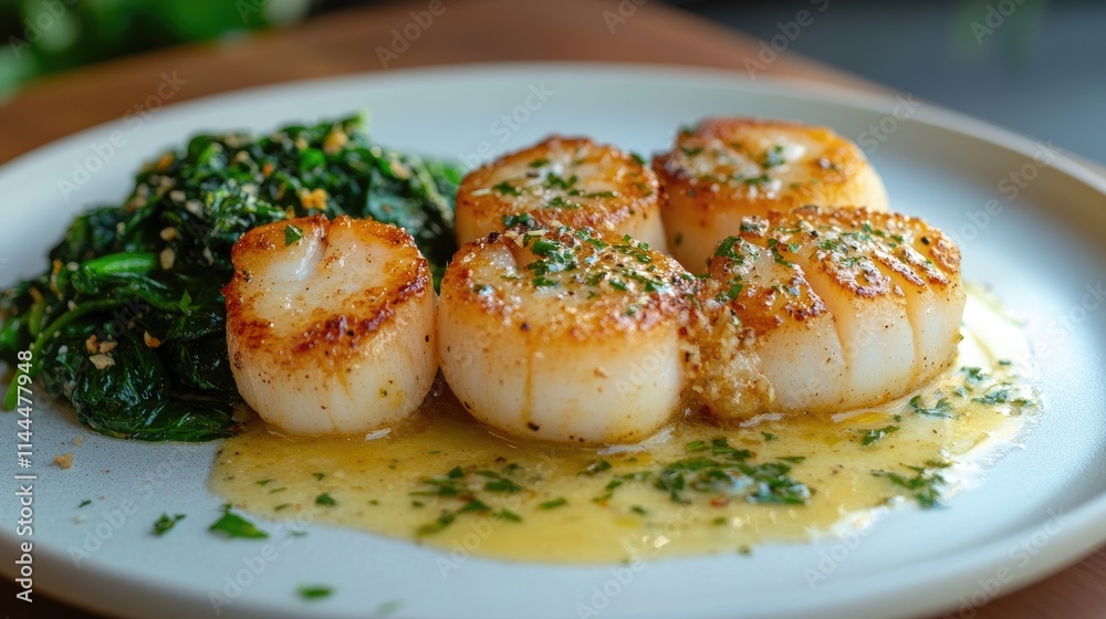 Grilled Scallops with Garlic Butter Sauce and Spinach Side Dish Grilled Scallops with Garlic Butter Sauce and Spinach Side Dish