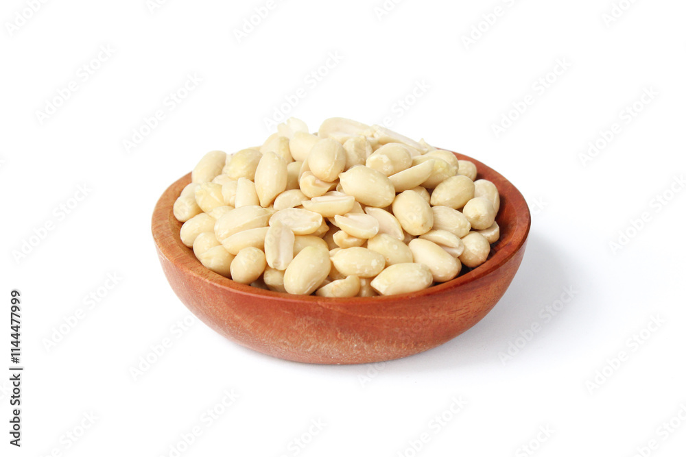 Peeled peanut in wooden plate isolated on white background. Food ingredients Peeled peanut in wooden plate isolated on white background. Food ingredients