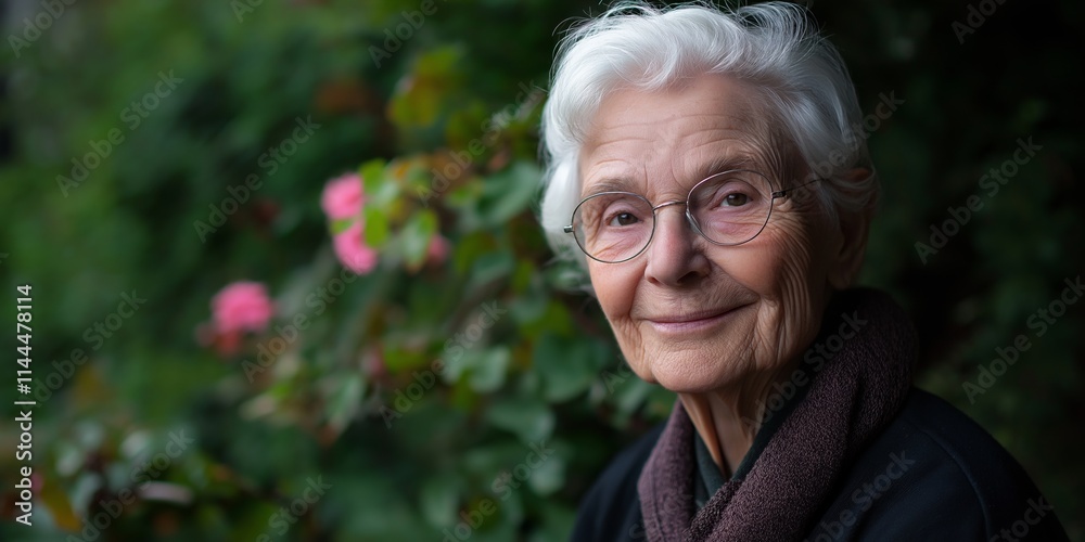A graceful elderly woman displays warmth and wisdom in nature. A graceful elderly woman displays warmth and wisdom in nature.