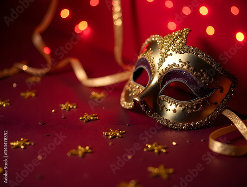 Venetian carnival mask against a deep red background adorned with sparkling gold streamers and glitter. Celebration theme. Perfect festive backdrop for creating cards, banners, or flyers with space fo photo