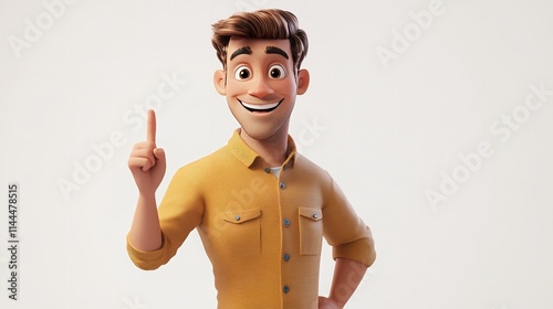 A young man is raising his finger, suggesting an idea or point, 3D Cartoon