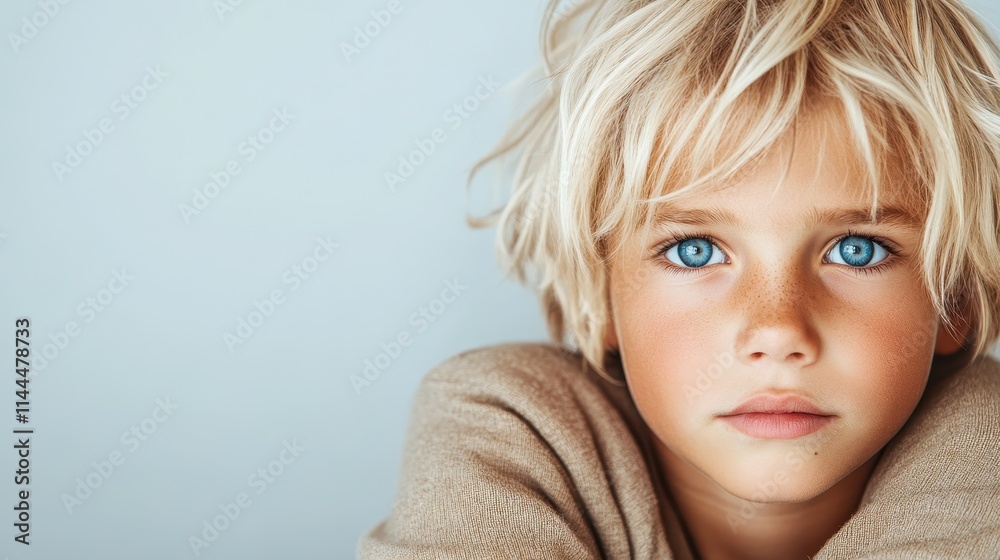 A blond-haired child with captivating blue eyes looking into the distance in a dreamy state, dressed in a soft beige sweater, surrounded by a serene ambiance. A blond-haired child with captivating blue eyes looking into the distance in a dreamy state, dressed in a soft beige sweater, surrounded by a serene ambiance.
