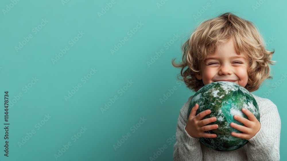 A joyful child with curly hair holds an Earth-patterned ball against a teal background, showcasing happiness and innocence in a simple, playful setting. A joyful child with curly hair holds an Earth-patterned ball against a teal background, showcasing happiness and innocence in a simple, playful setting.