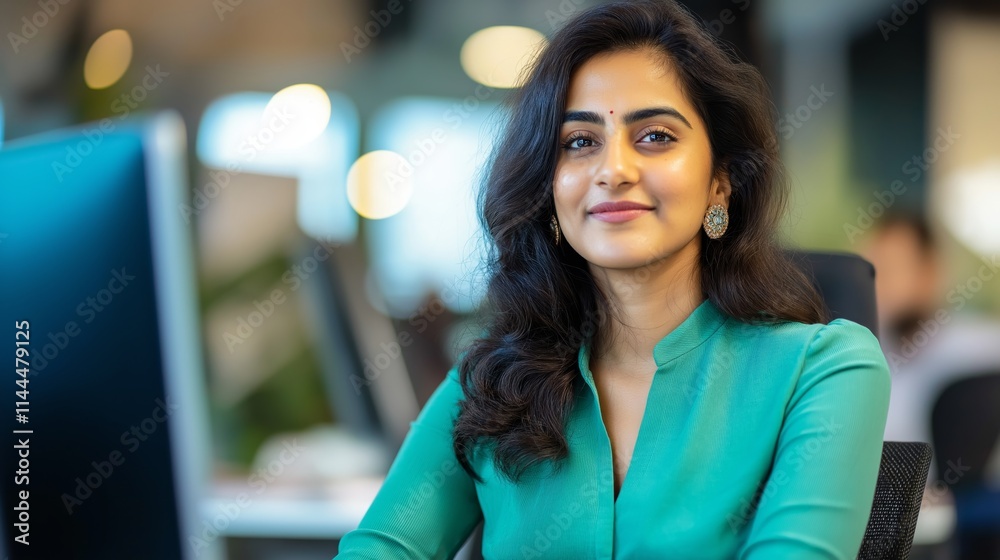 Obraz premium Beautiful young Indian woman wearing green dress at a modern office desk during the day. Young Indian woman smiles confidently while working at her desk in an office.