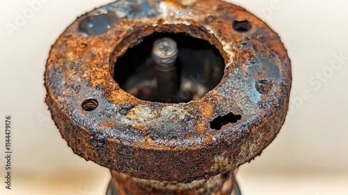 Detailed Close-Up of an Old, Rusty Metal Flange with Corrosion and Wear, Highlighting the Effects of Time and Weather on Industrial Equipment Components