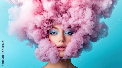 The face of a woman emerges artfully from swirling pink clouds, creating a fusion of surreal beauty and abstract expression with a clean turquoise backdrop. photo