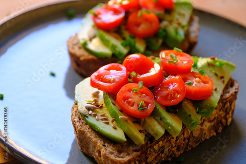 Vegan Avocado Toast with Cherry Tomatoes and Seeds - Healthy Breakfast
