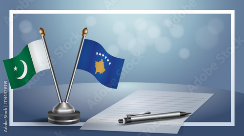 Pakistan and Kosovo National flags on small table with bokeh background, cooperative relationship