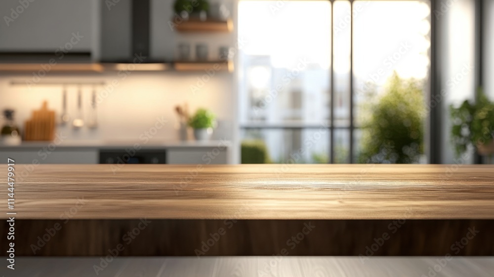 Bright Modern Kitchen Interior with Wooden Countertop and Plants Bright Modern Kitchen Interior with Wooden Countertop and Plants