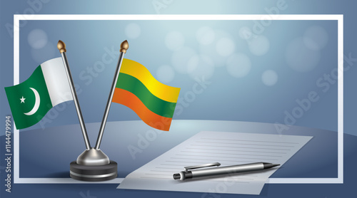 Pakistan and Lithuanian National flags on small table with bokeh background, cooperative relationship