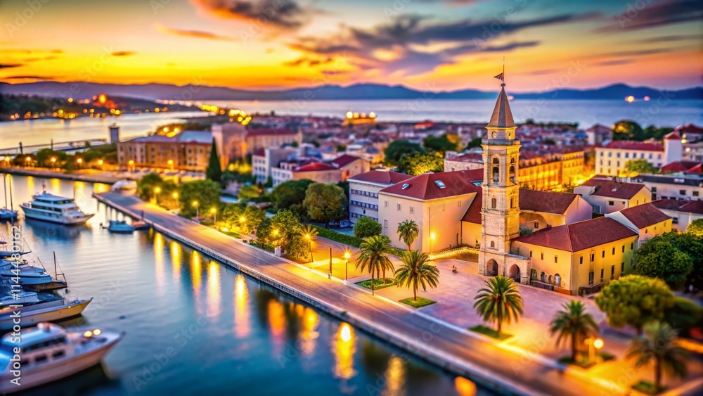 Zadar Croatia Sunset Aerial Tilt-Shift: Palm Trees, City Bridge, Cathedral, Marina Zadar Croatia Sunset Aerial Tilt-Shift: Palm Trees, City Bridge, Cathedral, Marina