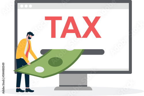 A man inserts a coin into a screen that says tax. Illustration for paying taxes, tax deductions, taxable income.
