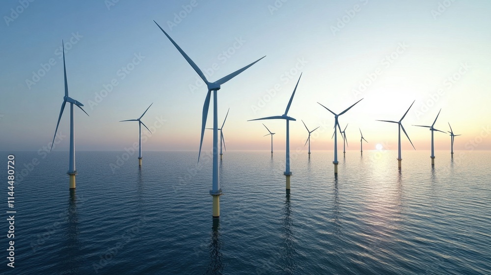 Wind Turbines in Ocean at Sunrise with Calm Waters and Clear Sky Wind Turbines in Ocean at Sunrise with Calm Waters and Clear Sky