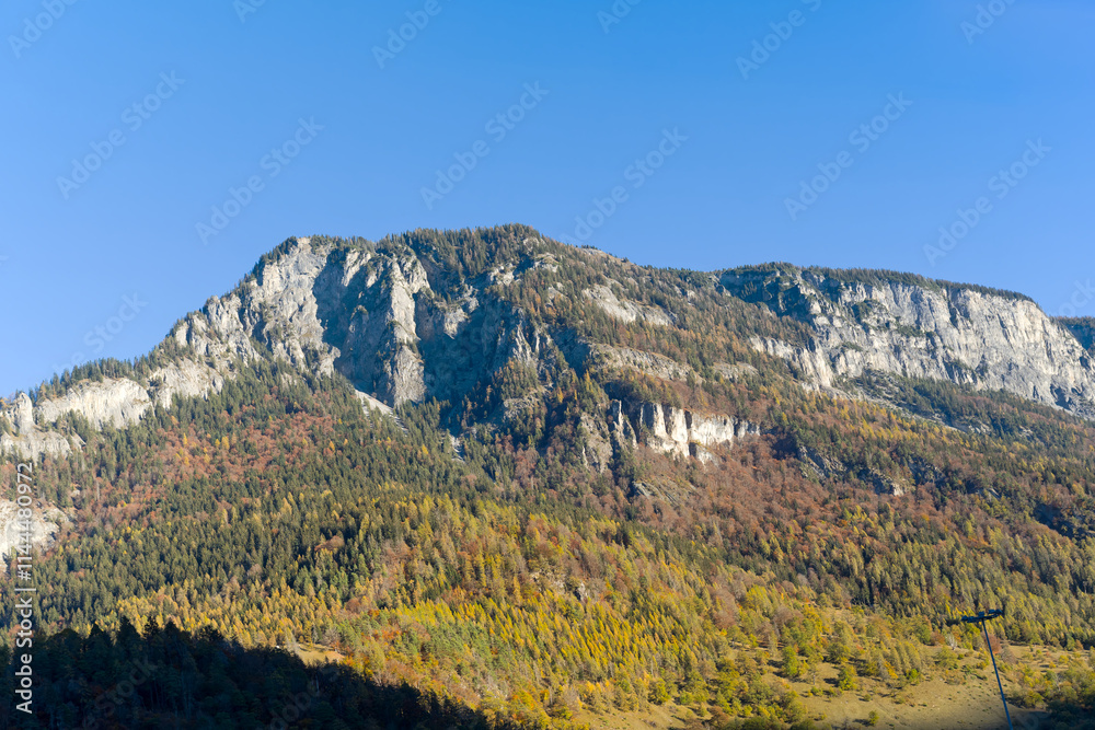 Obraz premium Scenic view of mountain panorama with woodland at Rhine Valley of Chur on a sunny autumn morning. Photo taken November 15th, Rhine Valley of Chur, Switzerland.