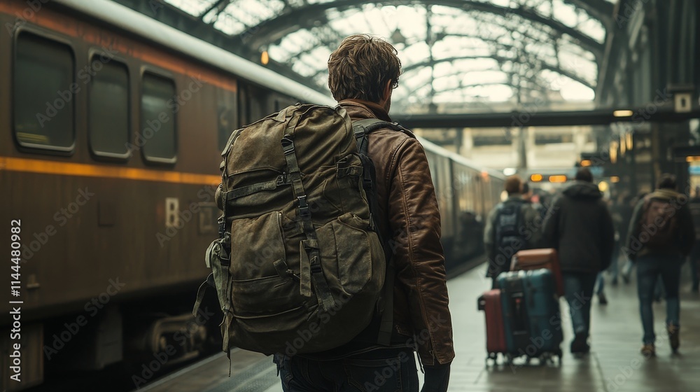 Traveler Waiting at a Busy Train Station Traveler Waiting at a Busy Train Station