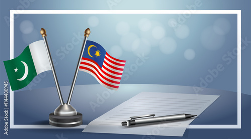 Pakistan and Malaysia National flags on small table with bokeh background, cooperative relationship