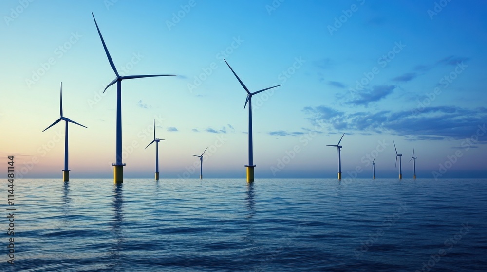 Wind Turbines in Calm Ocean at Sunset with Vibrant Sky Colors Wind Turbines in Calm Ocean at Sunset with Vibrant Sky Colors