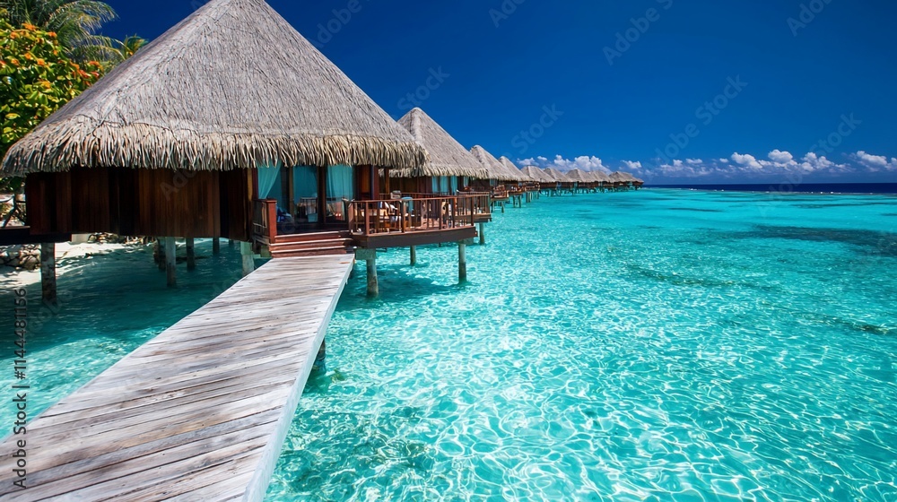 Overwater bungalows on a tropical beach. Overwater bungalows on a tropical beach.
