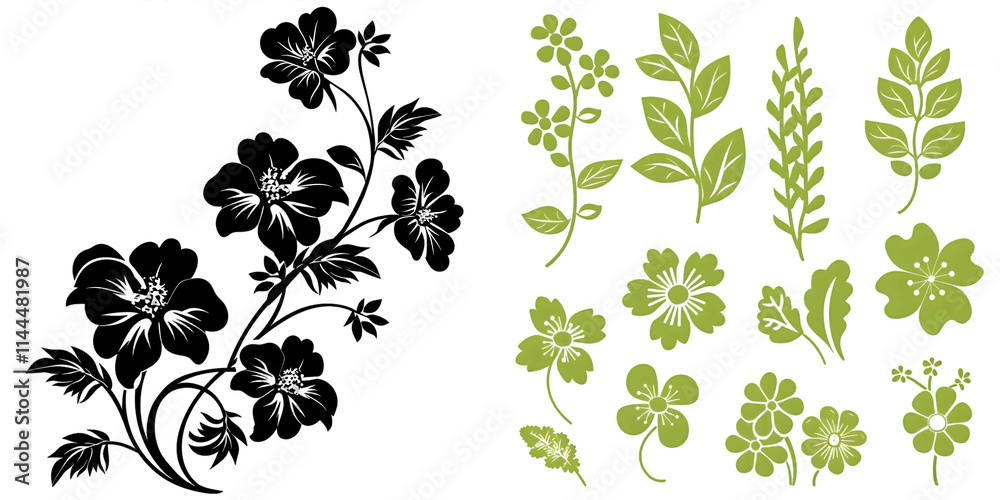 vector elements flowers and leaves silhouettes. Generative AI. vector elements flowers and leaves silhouettes. Generative AI.