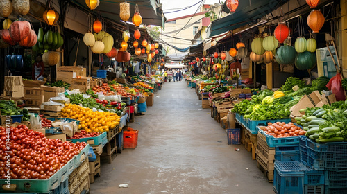 Wallpaper Mural Hanoi Street Market with vibrant produce and hanging lanterns, lively Vietnamese retreat Torontodigital.ca