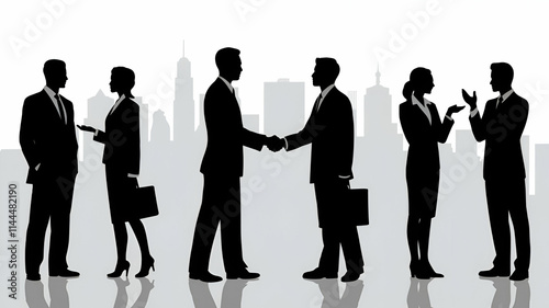 An illustration of business people in silhouette against a white background. There are five people, three of whom are shaking hands. 