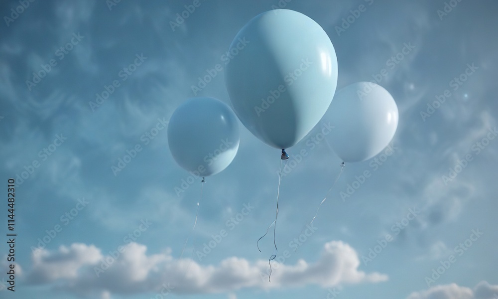 Obraz premium Single balloons drifting gently upwards in the pale blue atmosphere, serene scene, subtle movement, pale blue atmosphere